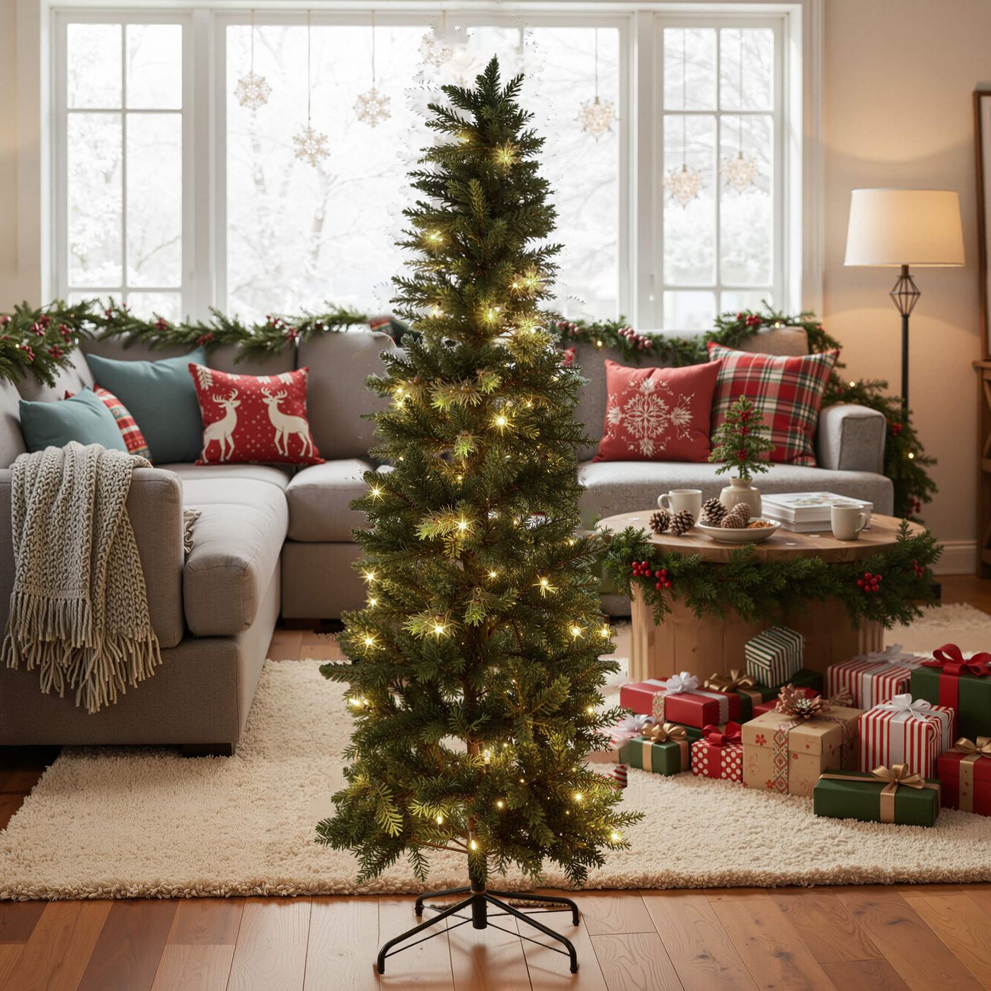 Sweetcrispy Luxury Pre-Decorated Artificial Fir Christmas Pencil Tree with  Lights – Rudy Furniture