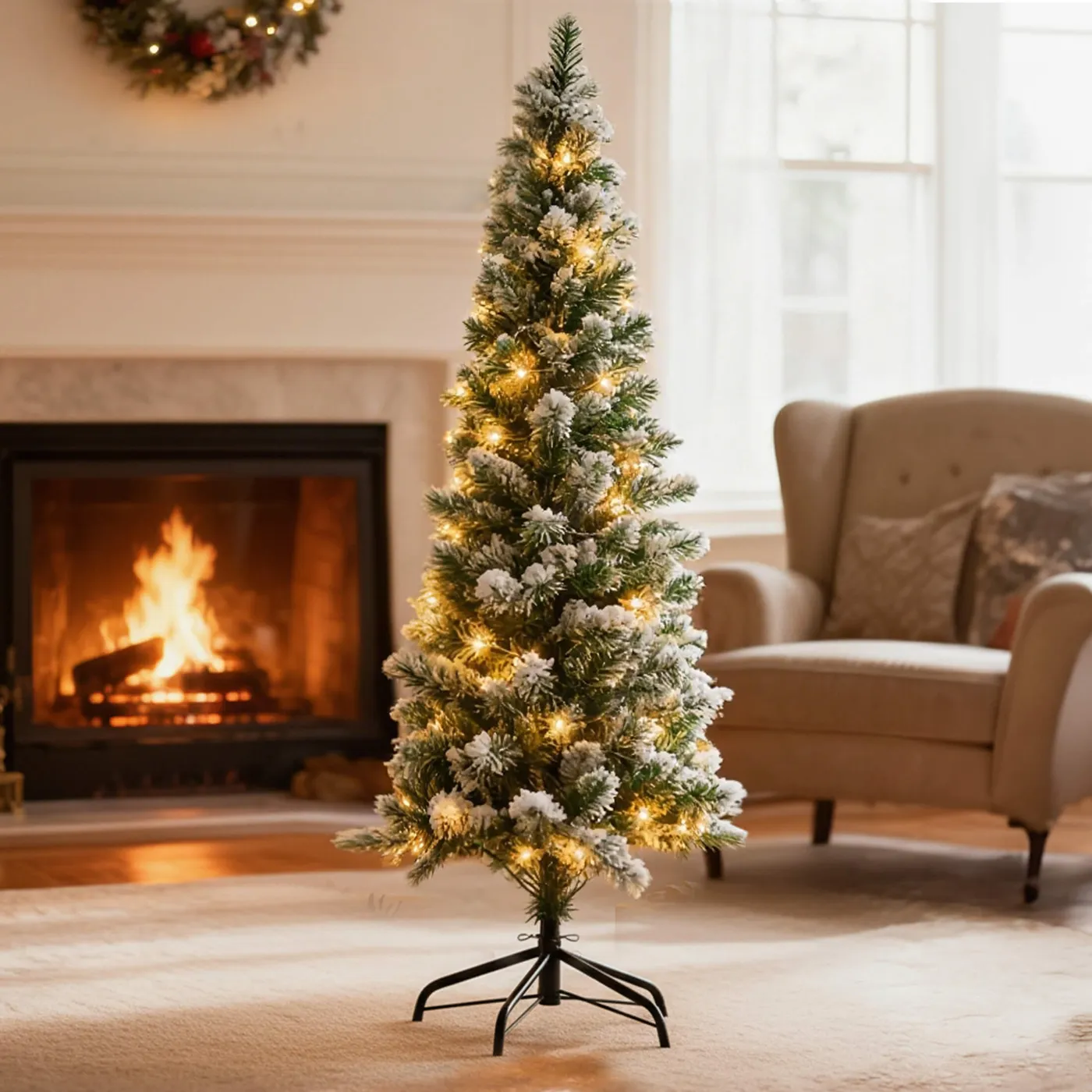 Sweetcrispy Luxury Pre-Decorated Artificial Fir Christmas Pencil Tree with Lights, 6 ft / White