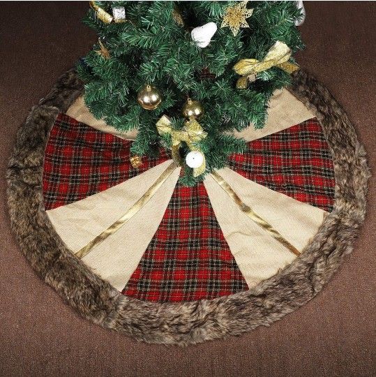 Thicken Christmas Tree Skirt 48”-Red Black Plaid,Linen Burlap with Faux Fur Trim Border