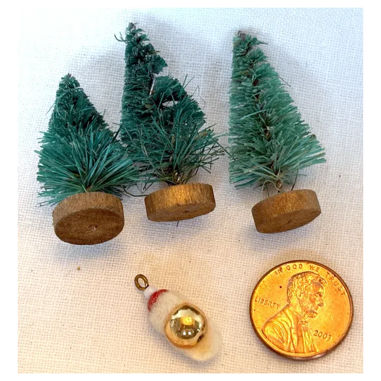 Three Miniature Bottle Brush Trees and a Dollhouse Santa Ornament. For Sale at Ruby Lane