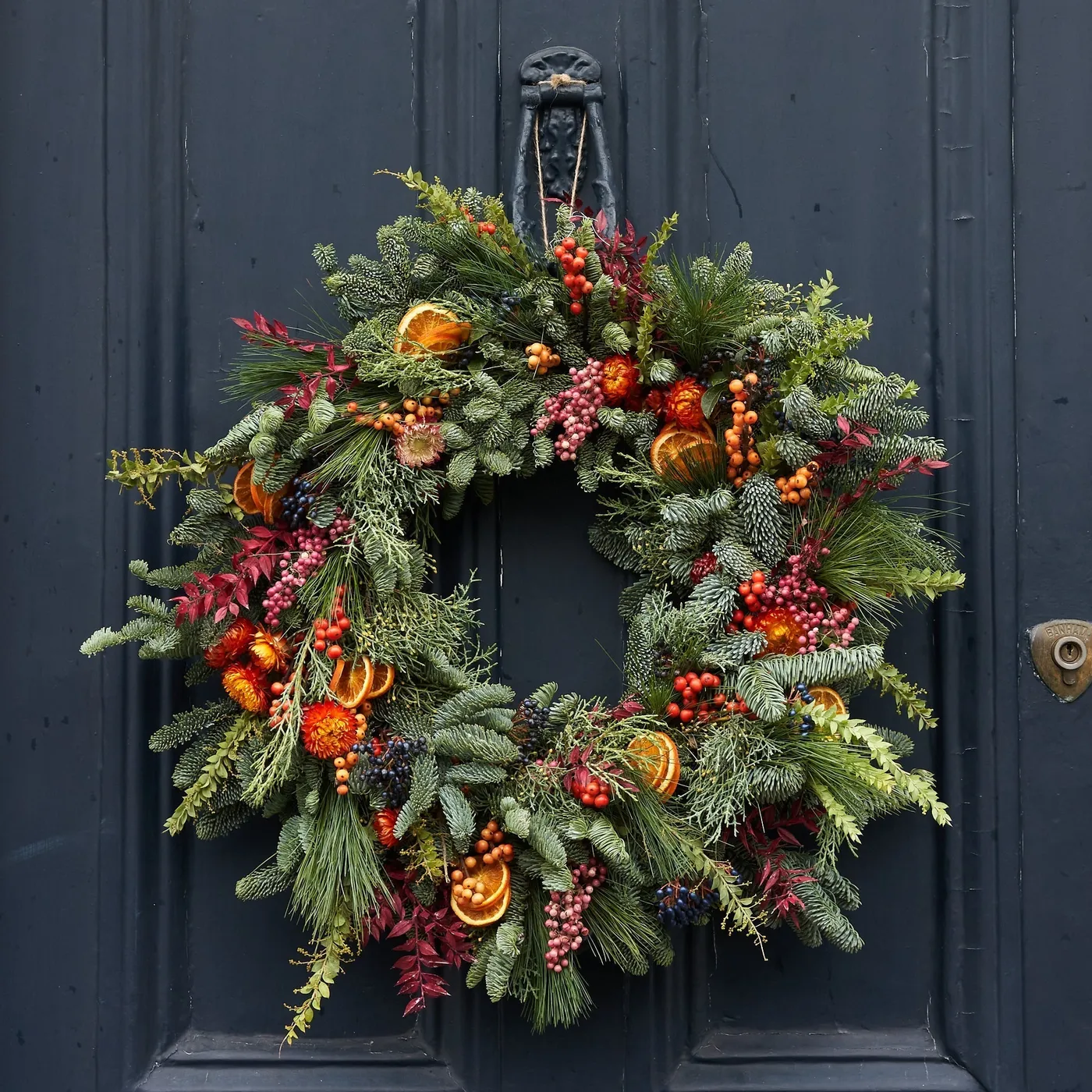 Traditional Winter Wreath w Plaid Bow – Enchanted Vines Wreath
