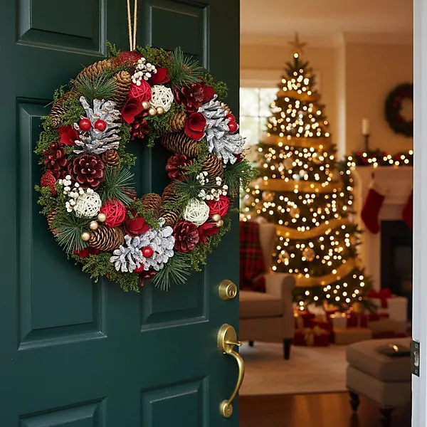 URBNLIVING 25cm Red White & Green Christmas Wreath Festive Decoration with  Jute Hanger Traditional Pinecone Décor