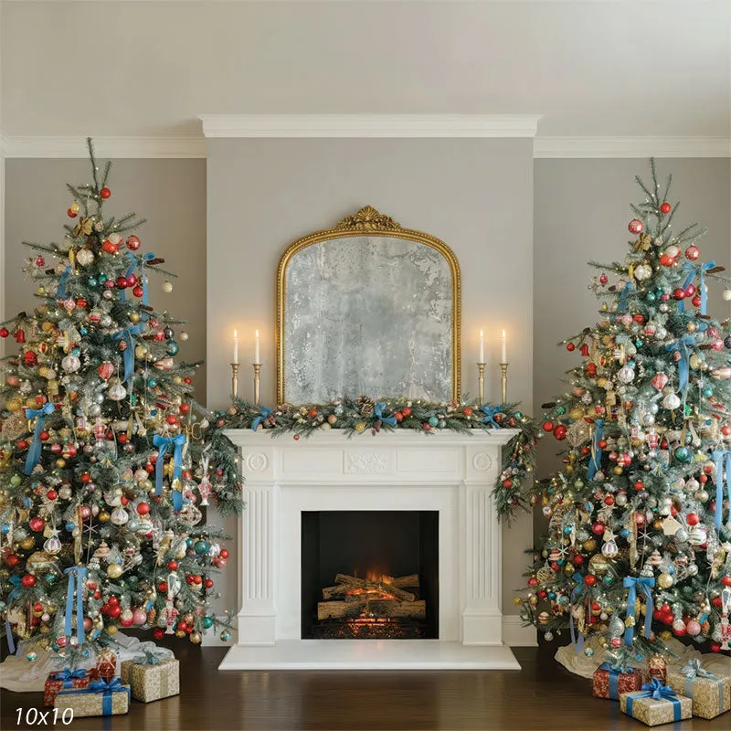 White Fireplace Gold Mirror Vintage Christmas Backdrop - Denny Mfg