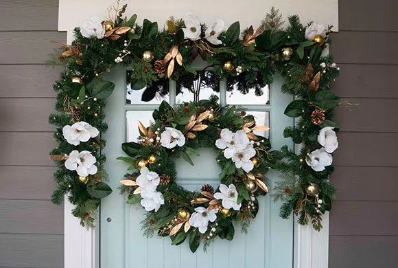 White Gold Magnolia Lighted Christmas Wreath - 30' | Village Lighting  Company