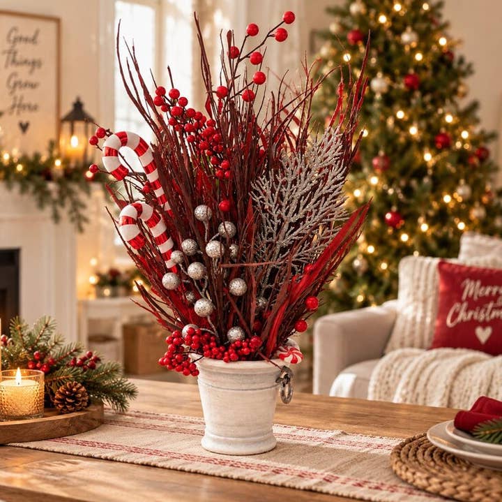 Wholesale Christmas Floral Arrangement, Red Berry Centerpiece, Candy Cane  Holiday Decor, Silver Glitter Branches, Rustic Christmas Table Decoration  for your store - Faire