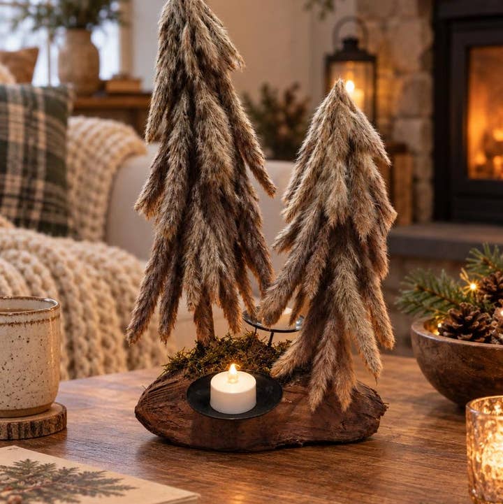 Wholesale Scandinavian Mini Pampas Christmas Tree Decor with Tealights |  Minimalist Neutral Holiday Tabletop Decoration for your store - Faire