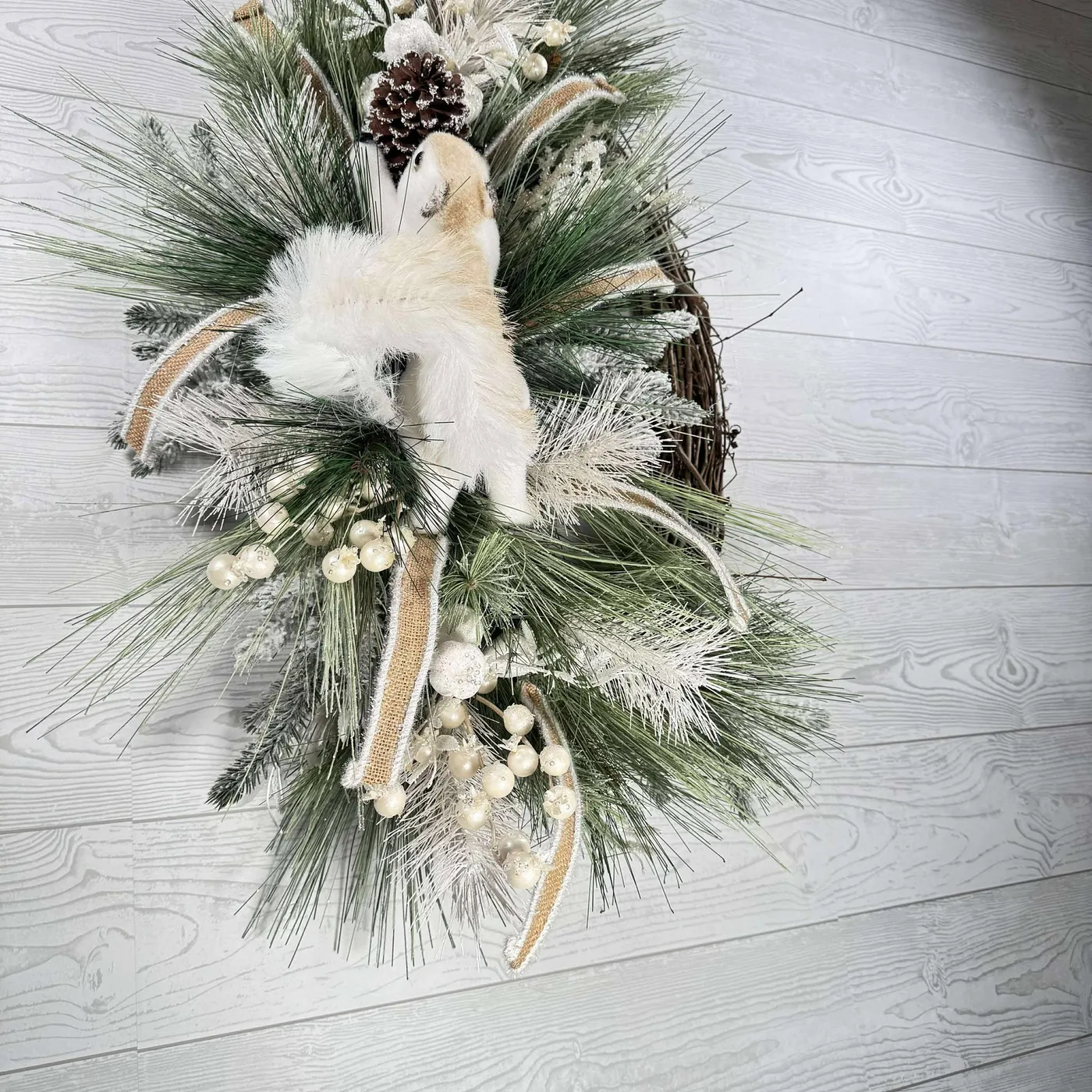 Winter Woodland Squirrel Wreath, Frosted Pine and Burlap Ribbon Door D