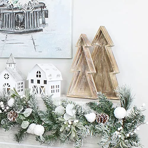 Wooden Christmas Tree Trays, Distressed Rustic Farmhouse Style Holiday  Serving Decorative Platters, Nested Set of 2