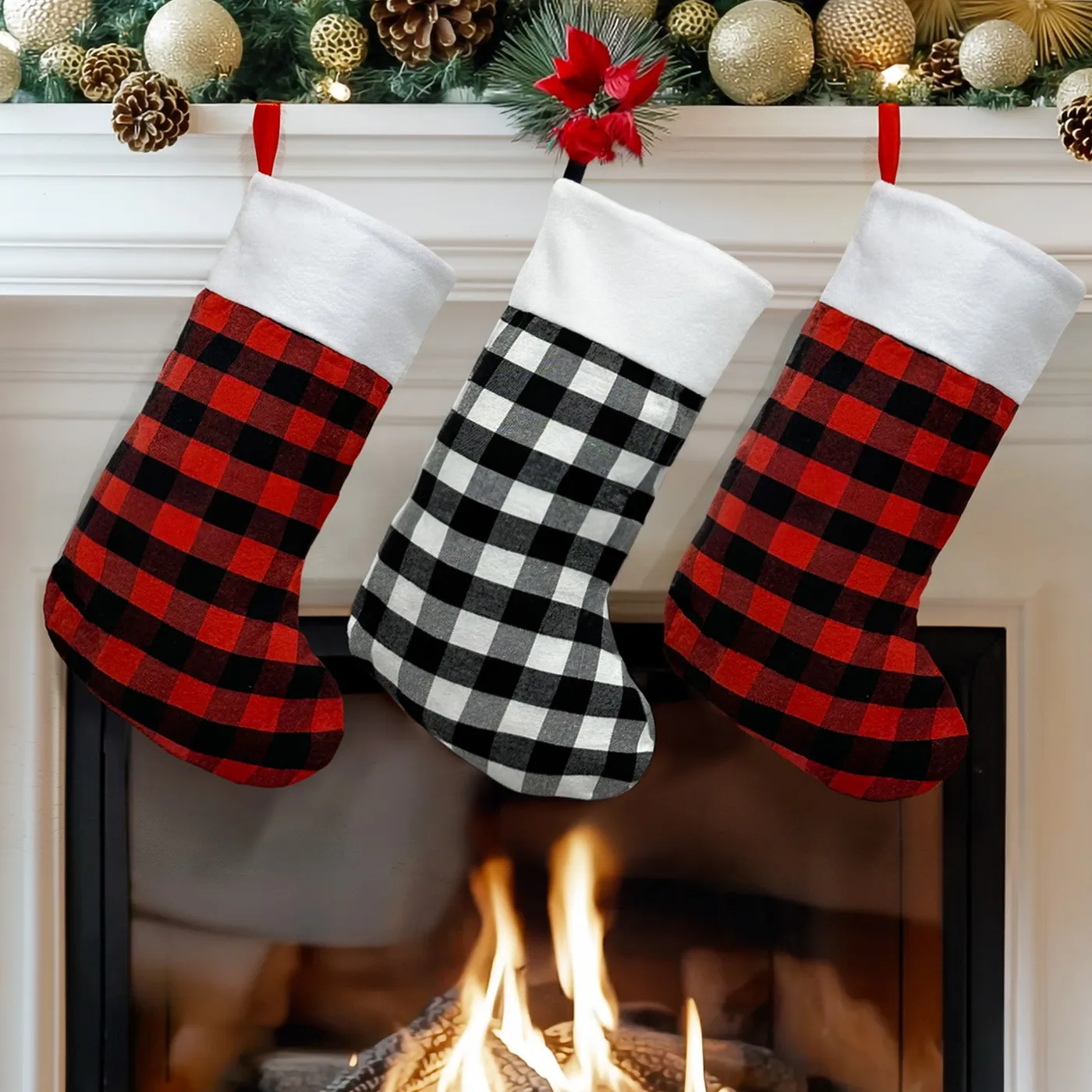 Wrapables Buffalo Plaid Christmas Stockings With Plush White Cuff, Hanging Fireplace Holiday Decoration (Set of 3), Red