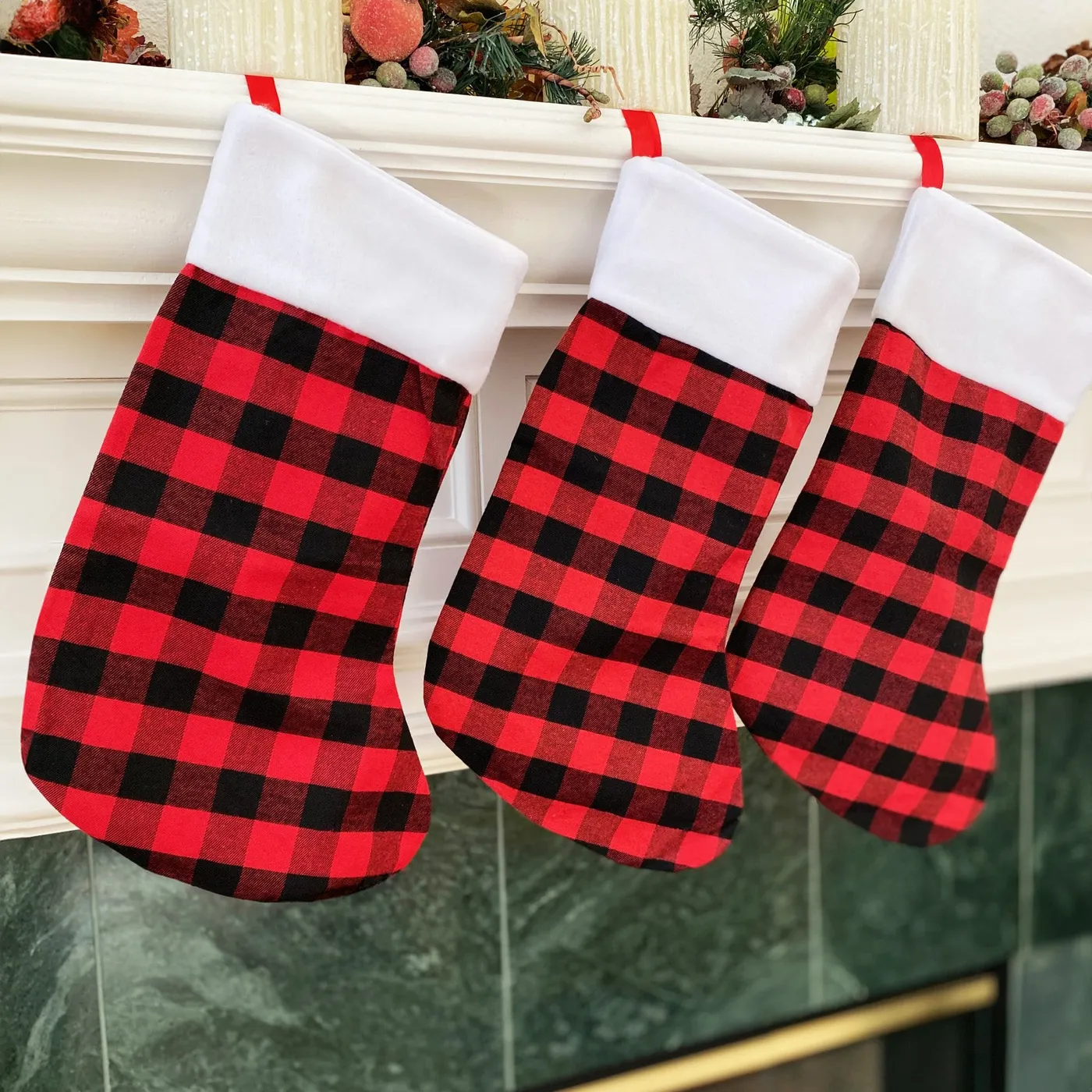Wrapables Buffalo Plaid Christmas Stockings With Plush White Cuff, Hanging Fireplace Holiday Decoration (Set of 3), Red